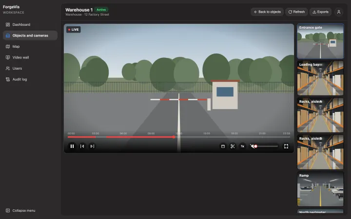 Tenant portal: the cameras of a site — live video, the archive and previews